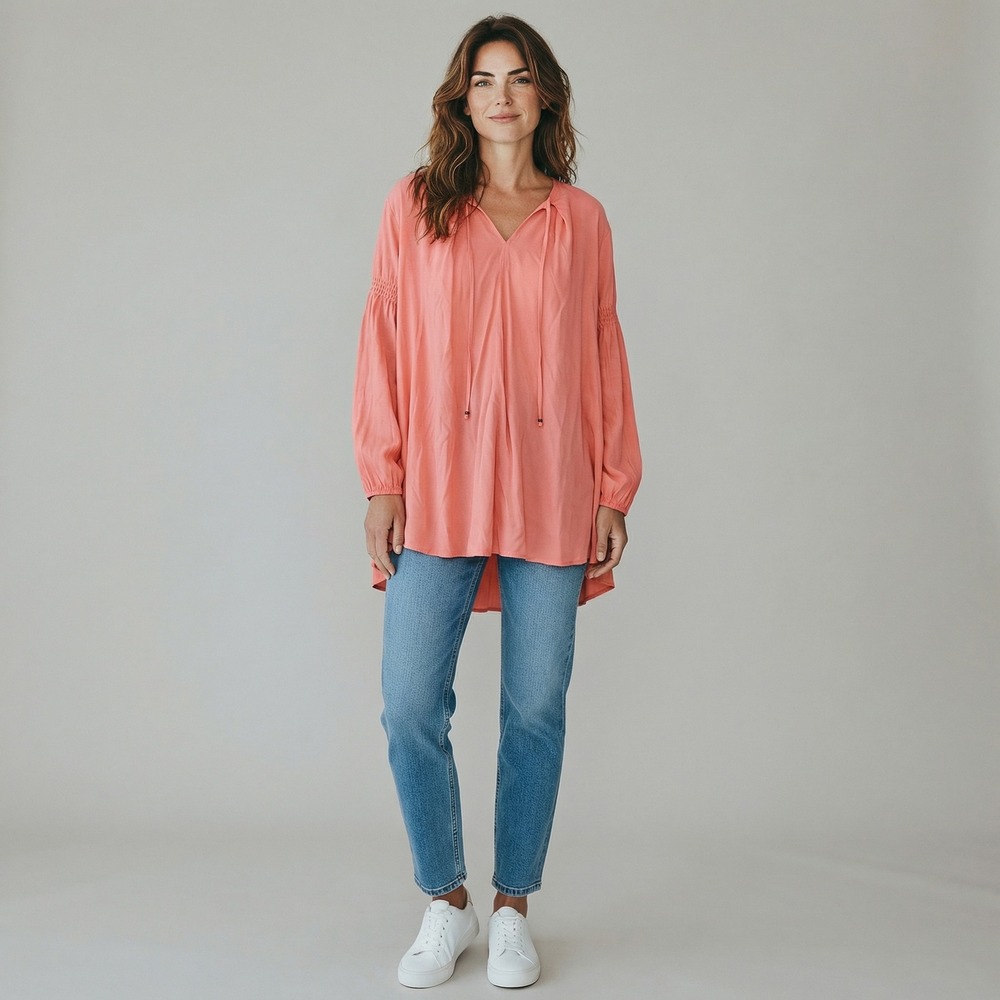 Umgee Coral Pink Smocked Sleeve V-Neck Tie Tunic Blouse A2078 Womens Medium